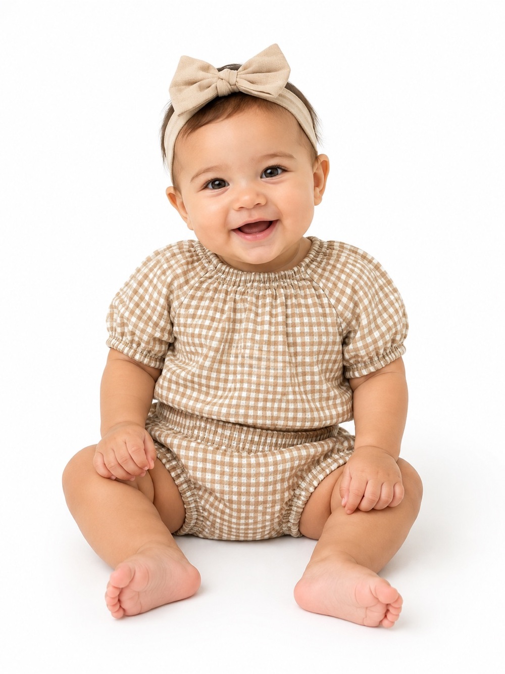 Quincy Mae Beige Gingham Infant Romper with Matching Bow